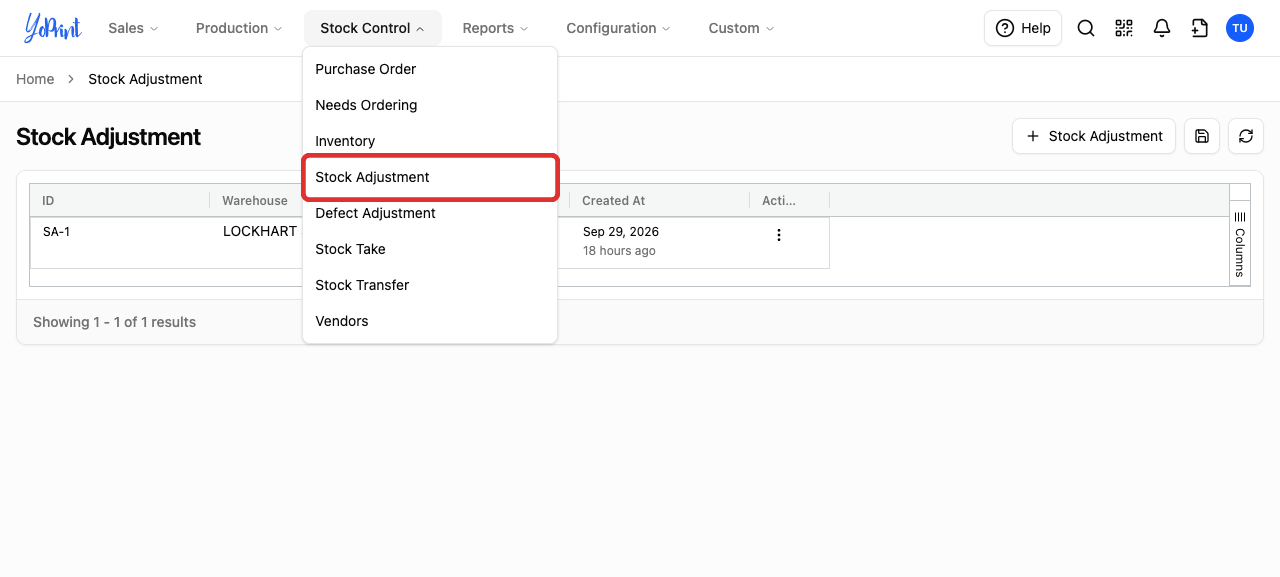 The Stock Control menu with Stock Adjustment available