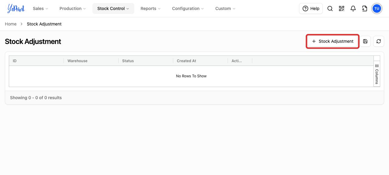 The Stock Adjustment list with the create button and an empty starting state