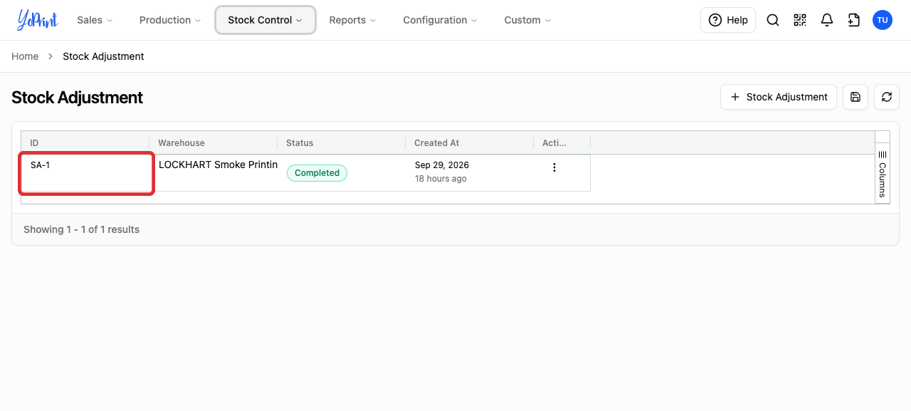 A completed adjustment row in the Stock Adjustment list