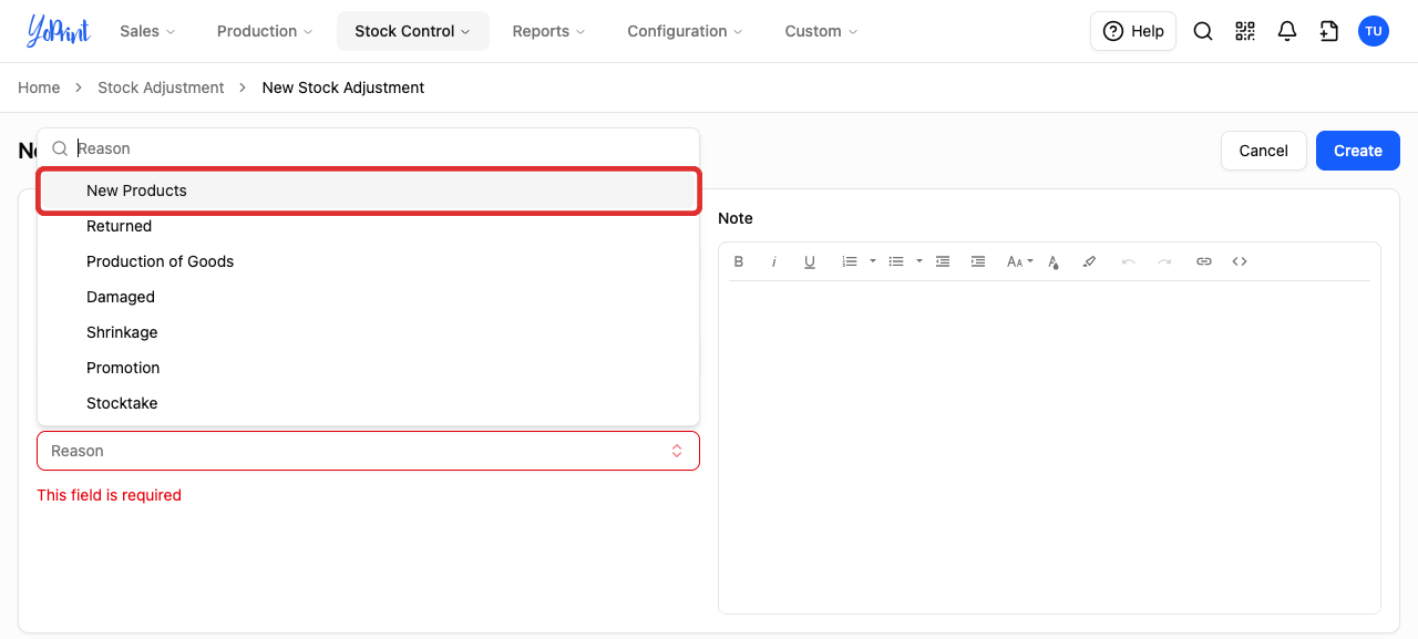 The adjustment reason list with New Products available
