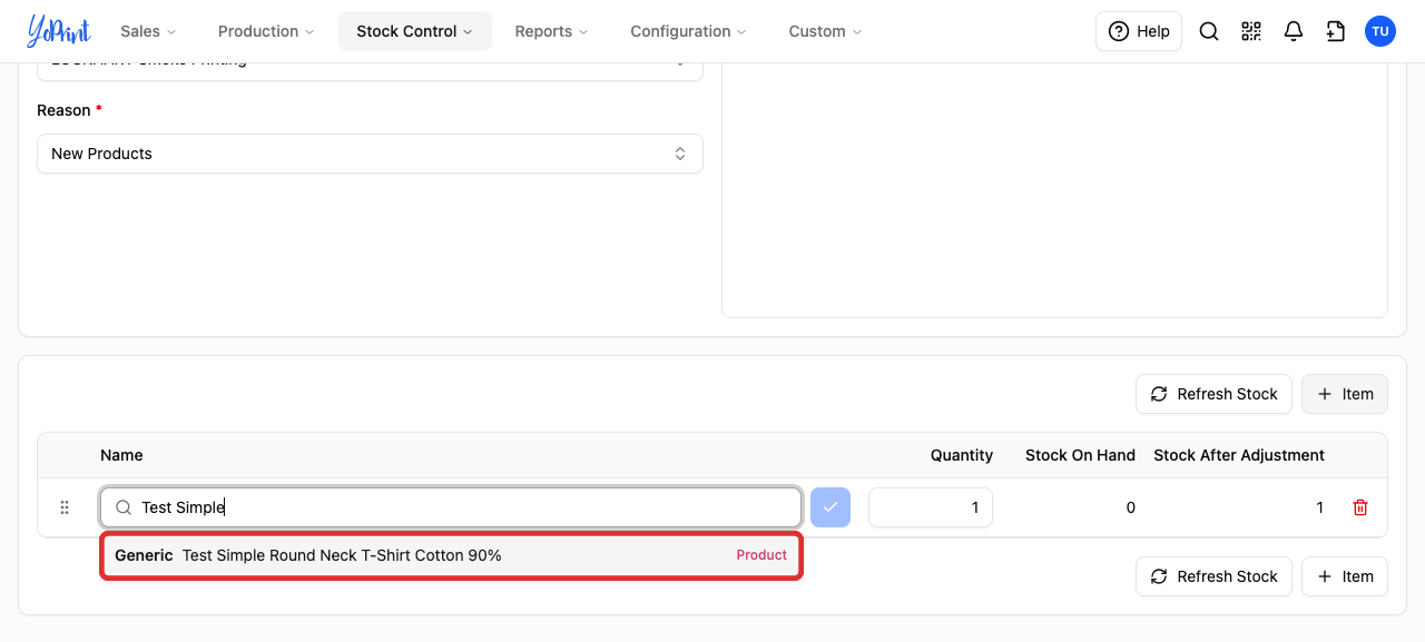 The product search result for the stock adjustment