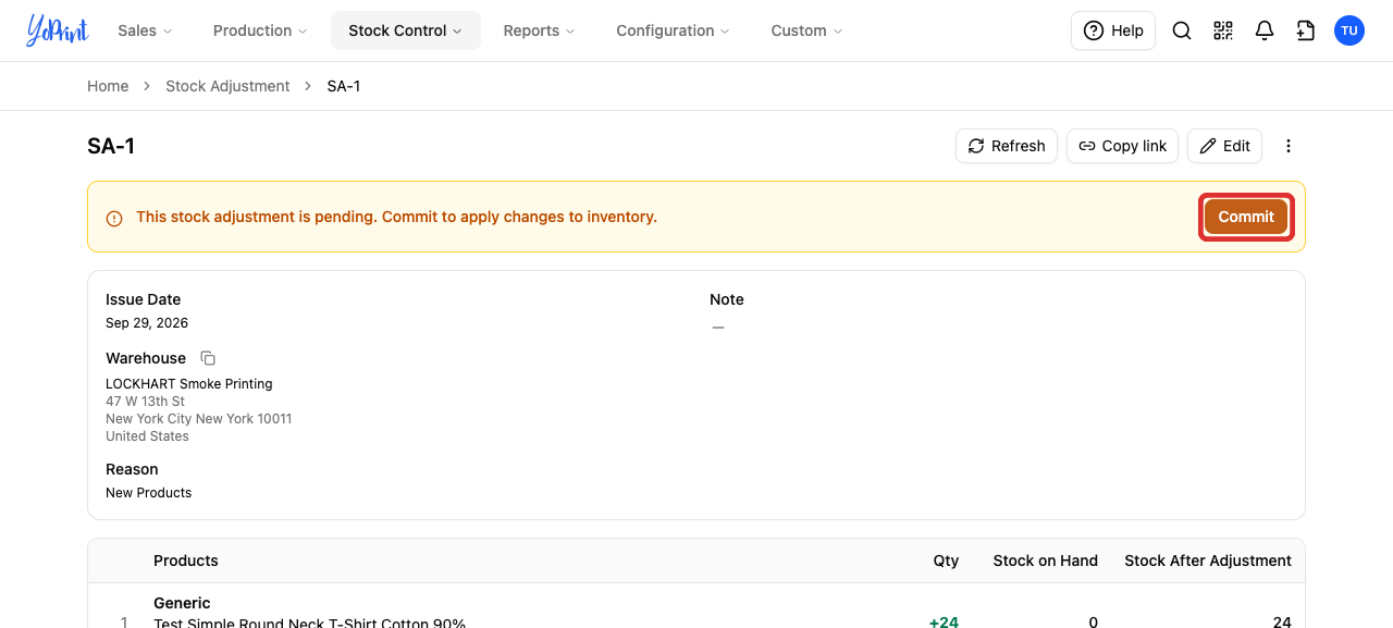 The Commit button on a pending stock adjustment