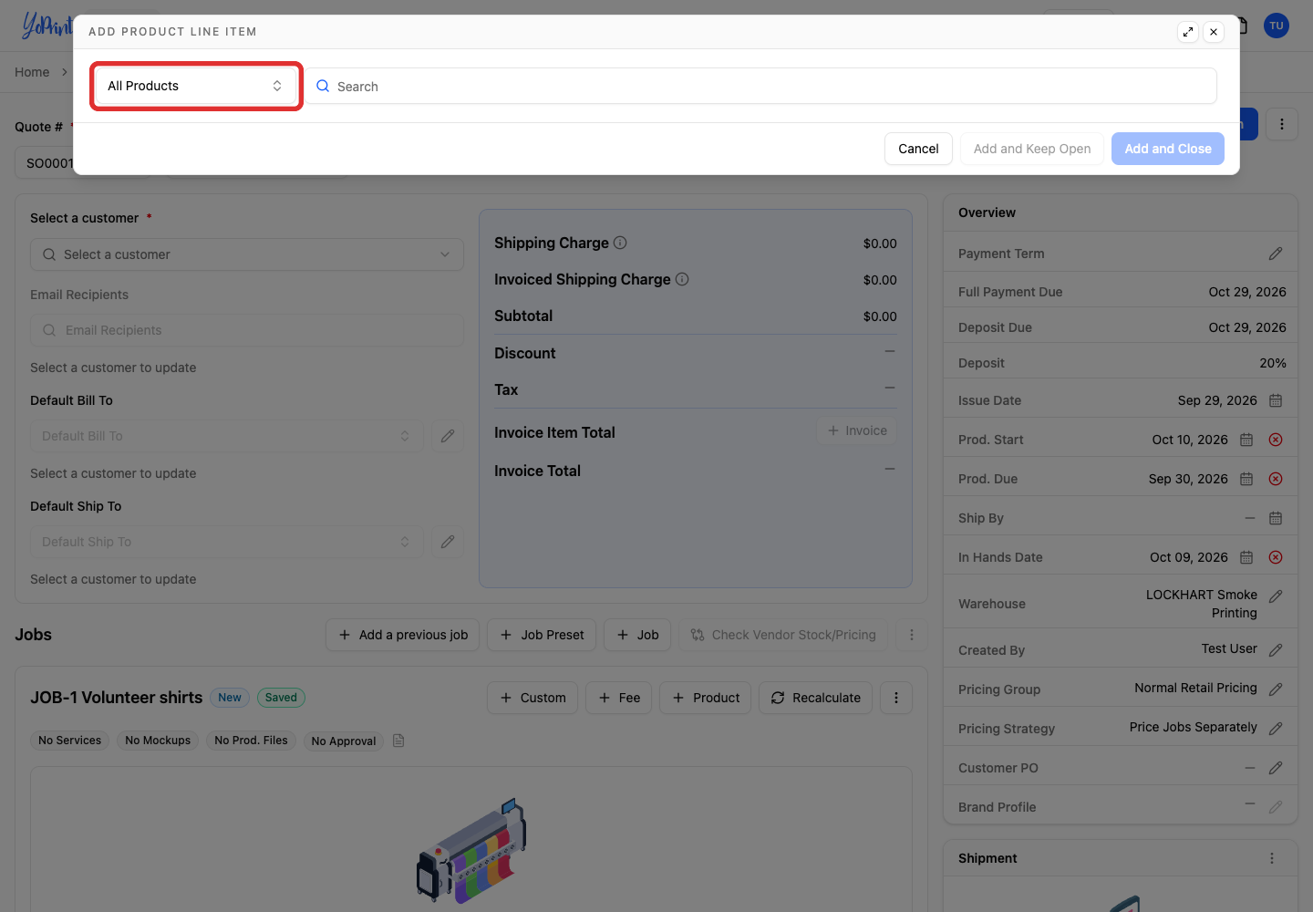 Catalog filter in Add Product Line Item