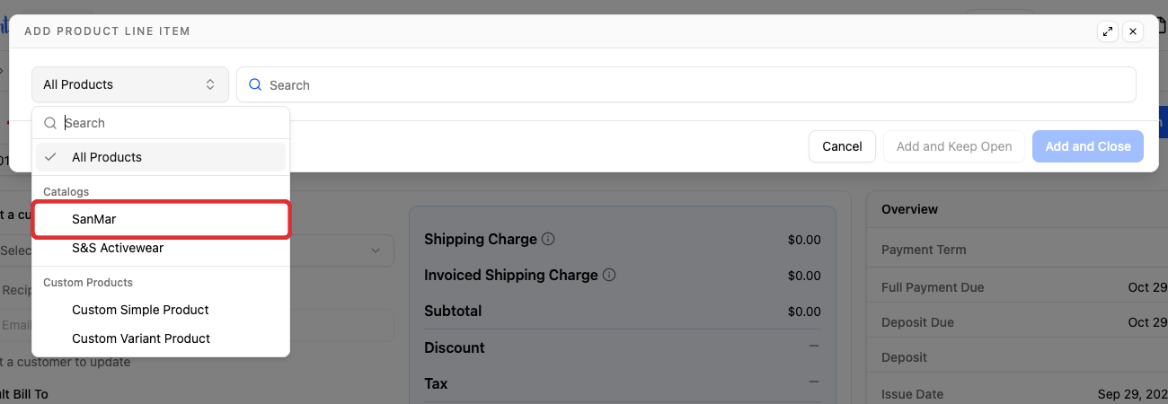 SanMar option in the catalog filter