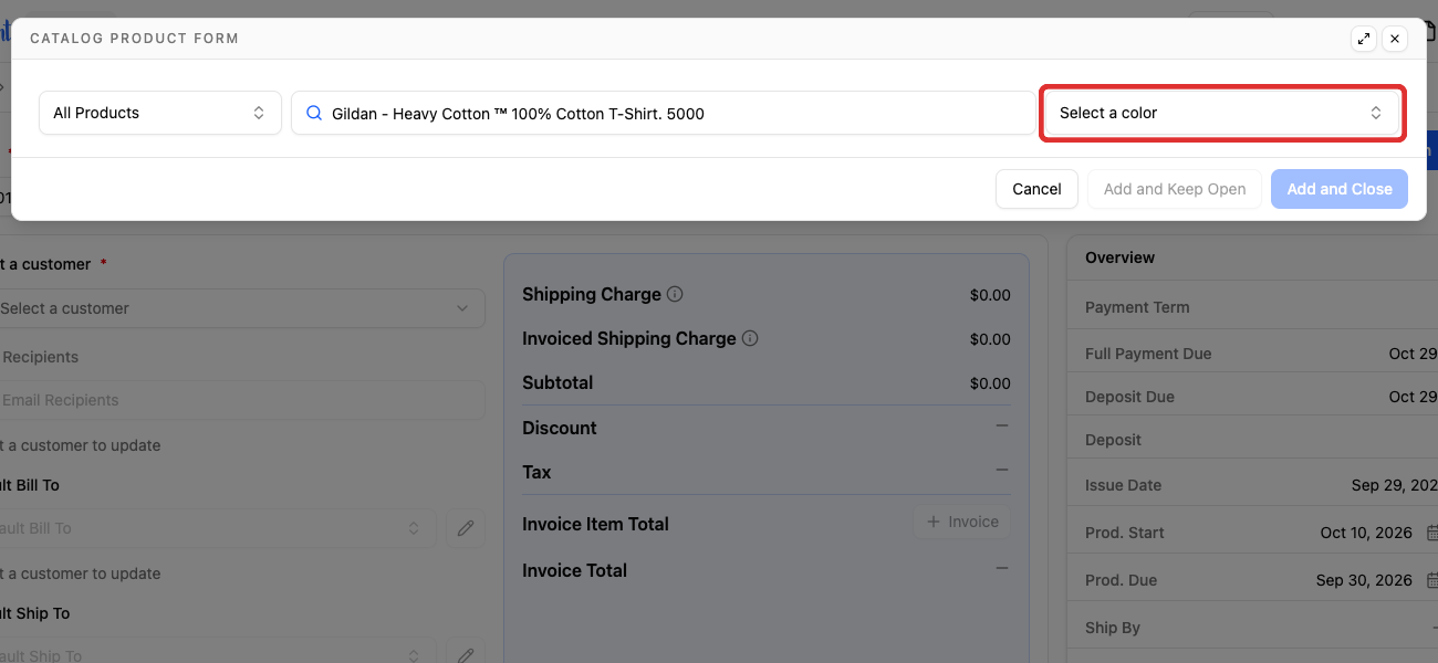 Color picker for the selected Gildan shirt