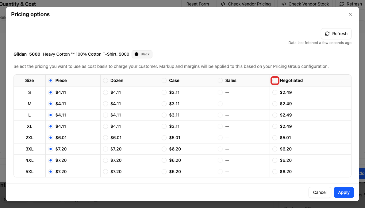 Negotiated pricing option for all sizes