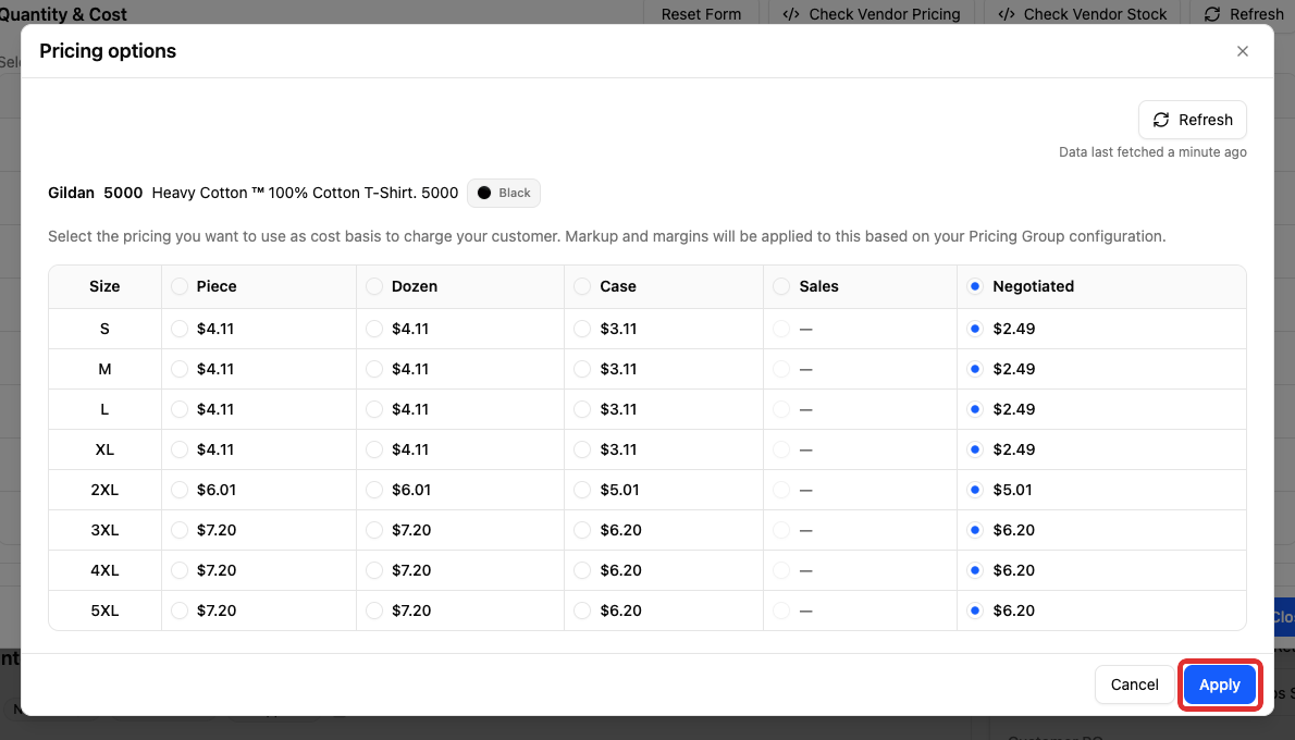 Apply the selected supplier cost
