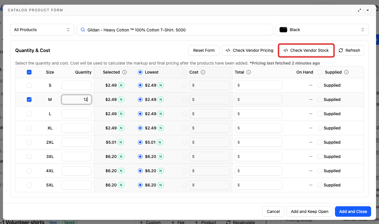 Check Vendor Stock in the product form