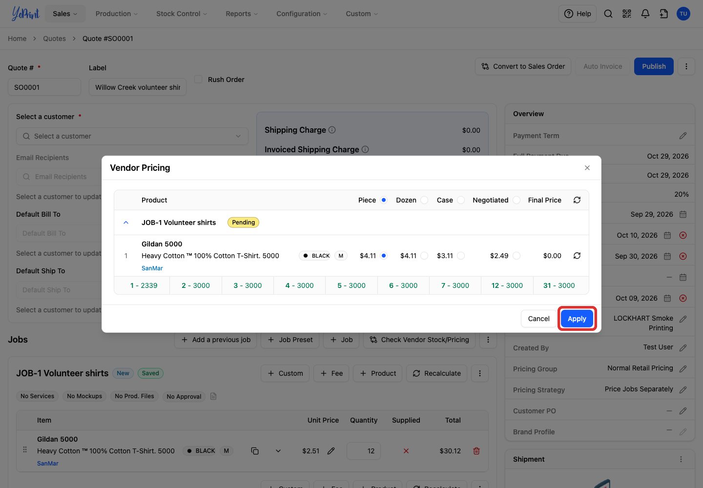 Apply the changed cost to the job item