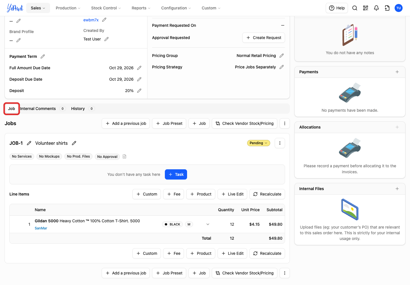 Job tab on the saved quote