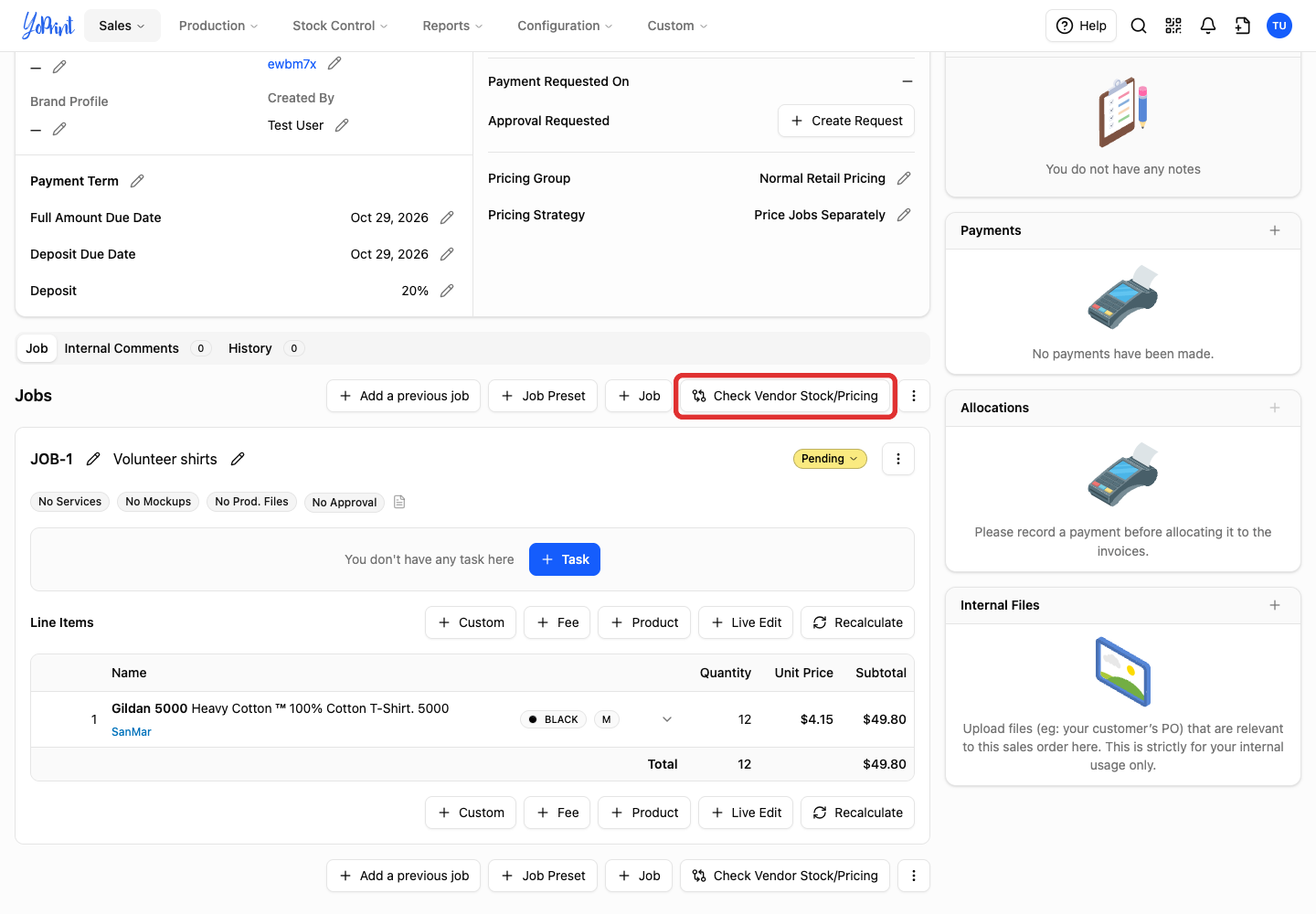 Direct Check Vendor Stock/Pricing button on the saved quote