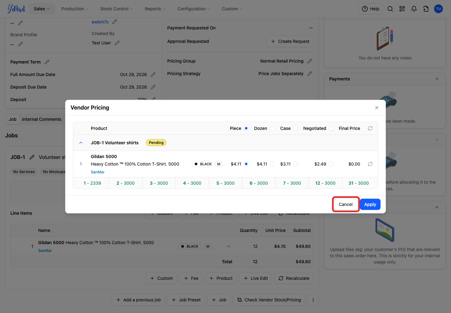 Cancel in the saved quote supplier-pricing view