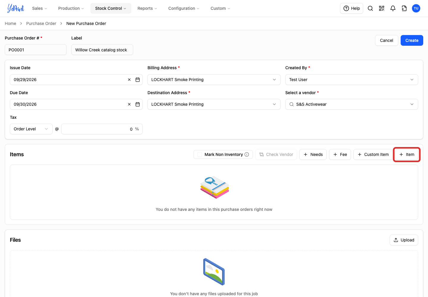 Item button in the purchase-order form