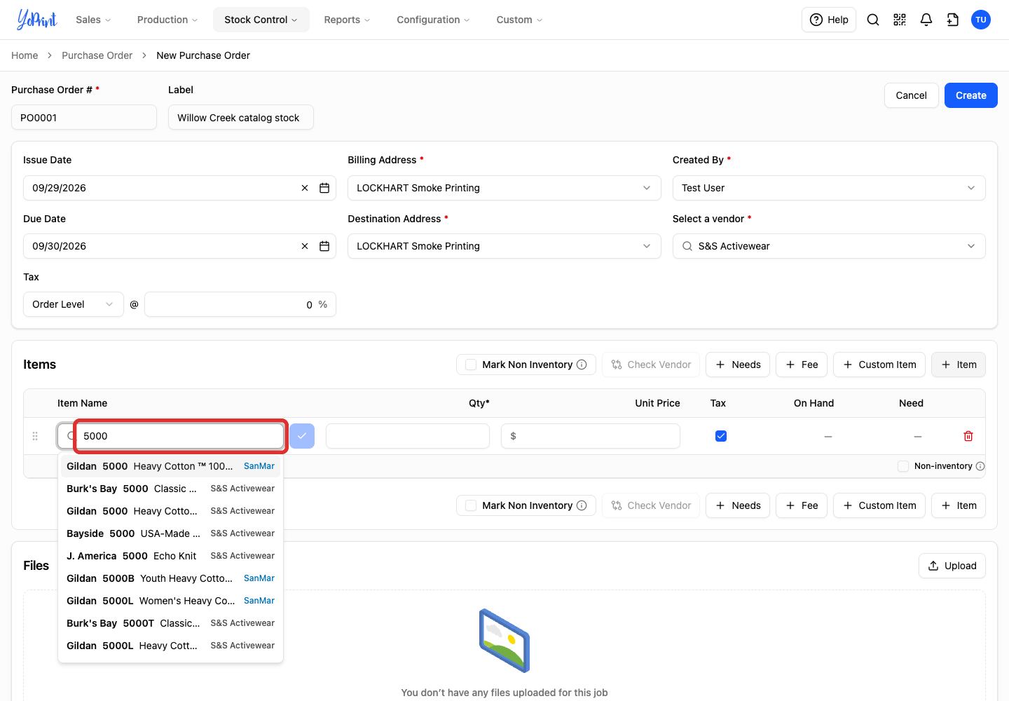 Searching for style 5000 in a purchase-order row