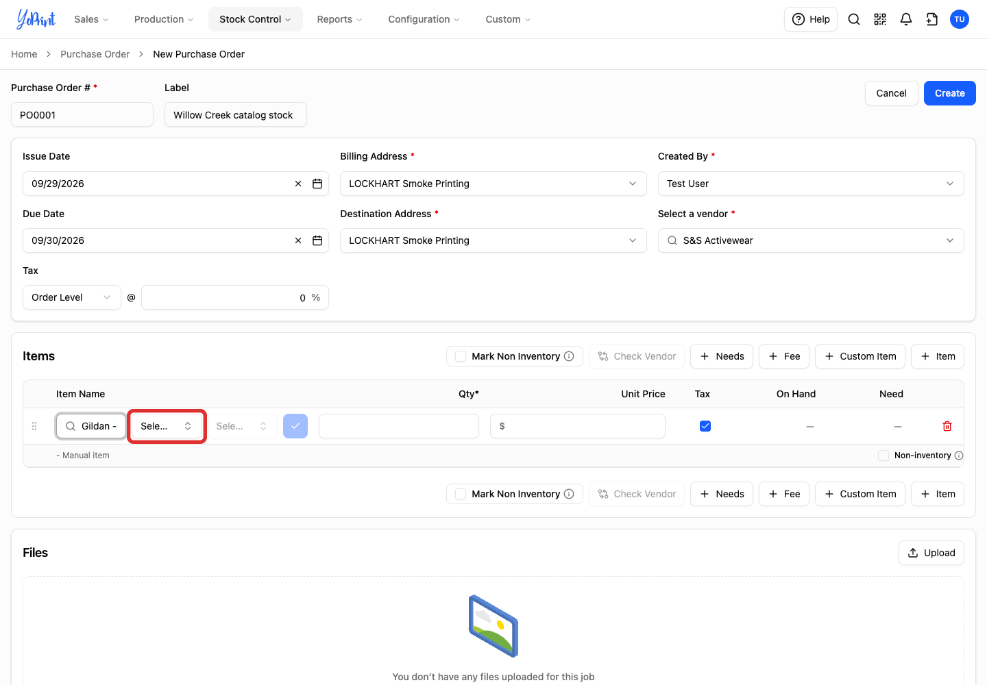 Color picker in the purchase-order item row