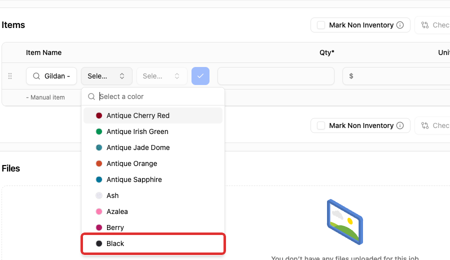 Black in the purchase-order color list