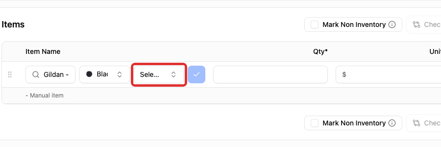 Size picker beside the selected color
