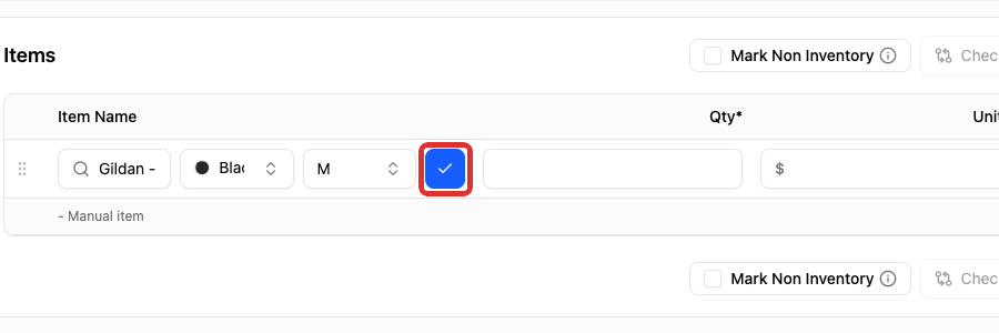 Checkmark that confirms the catalog item