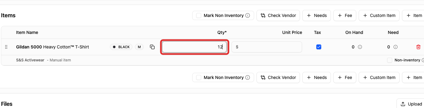 Quantity 12 in the purchase-order row
