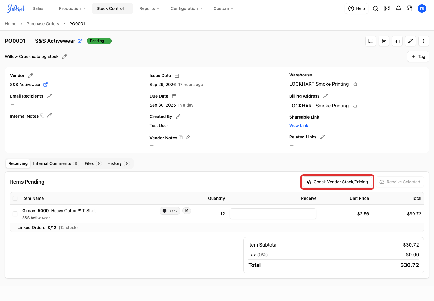 Check Vendor Stock/Pricing on the saved PO