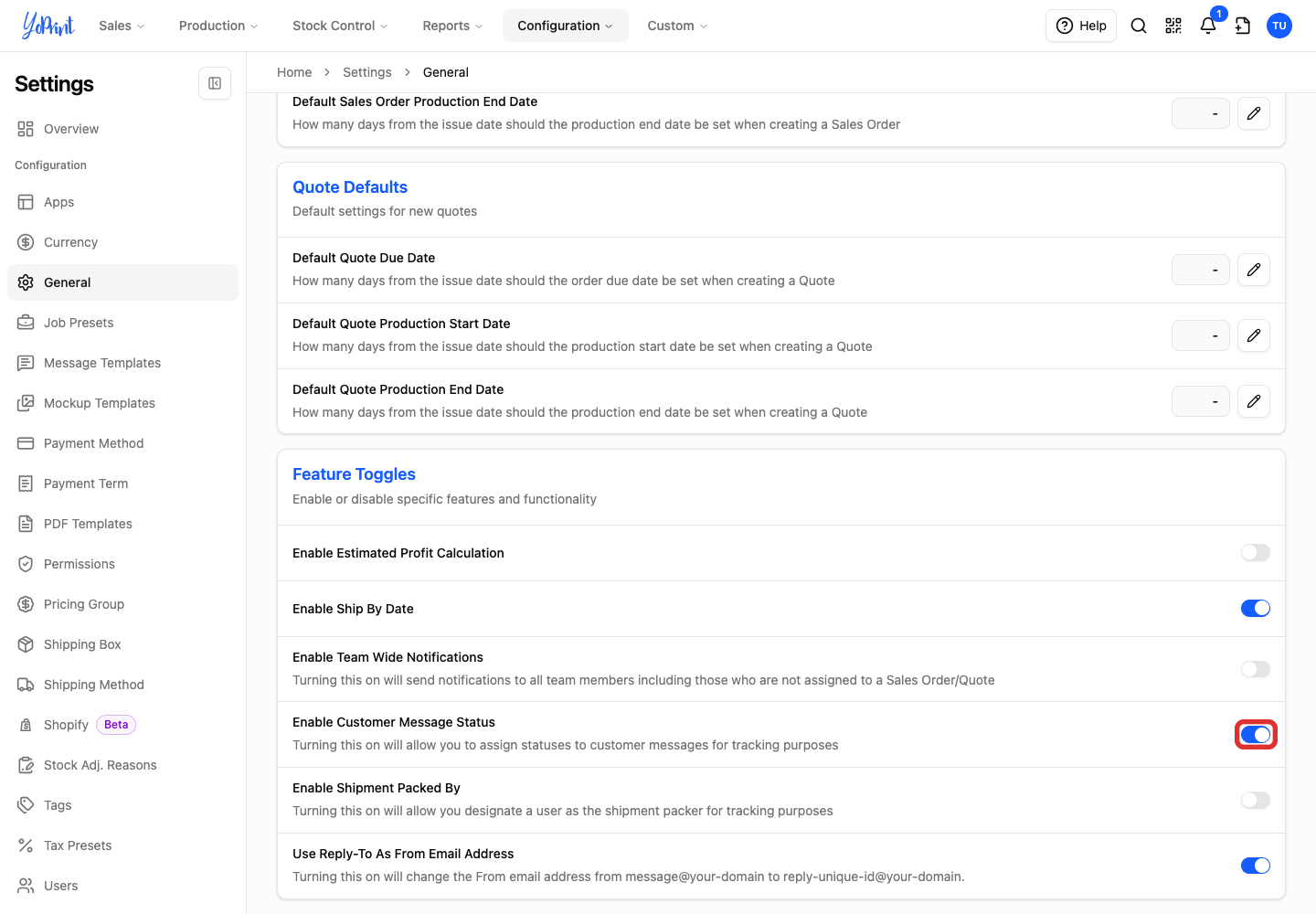 Enable Customer Message Status switched on