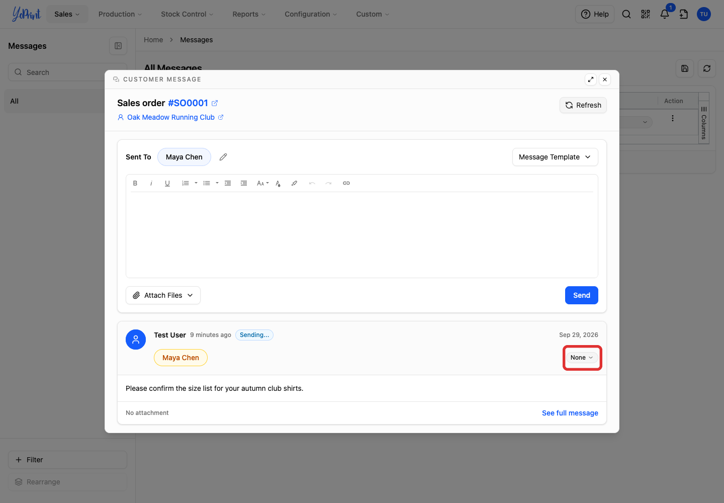 None status button on the sent message