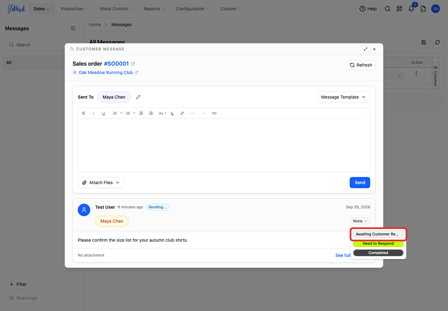 Awaiting Customer Reply in the status menu