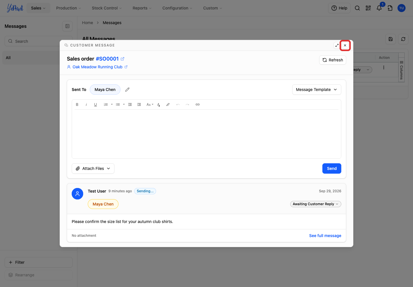 Close the Customer Message dialog