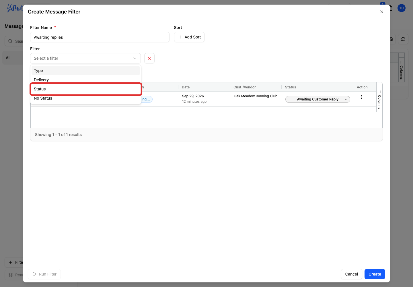 Status in the filter field menu