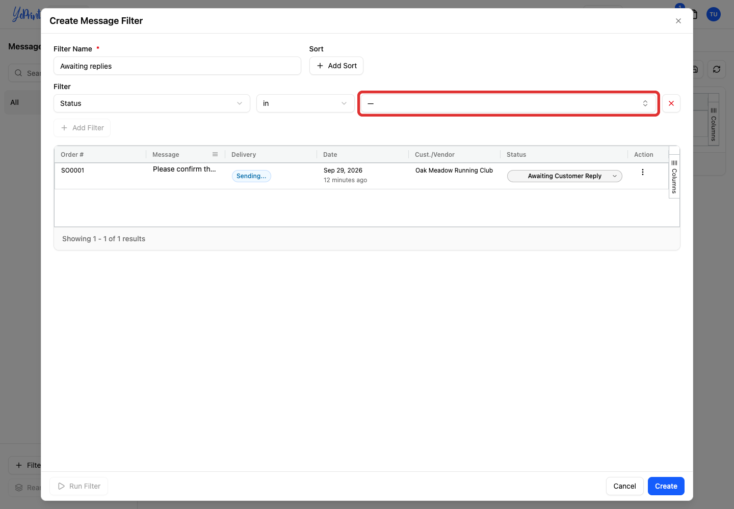 Value dropdown for the Status condition