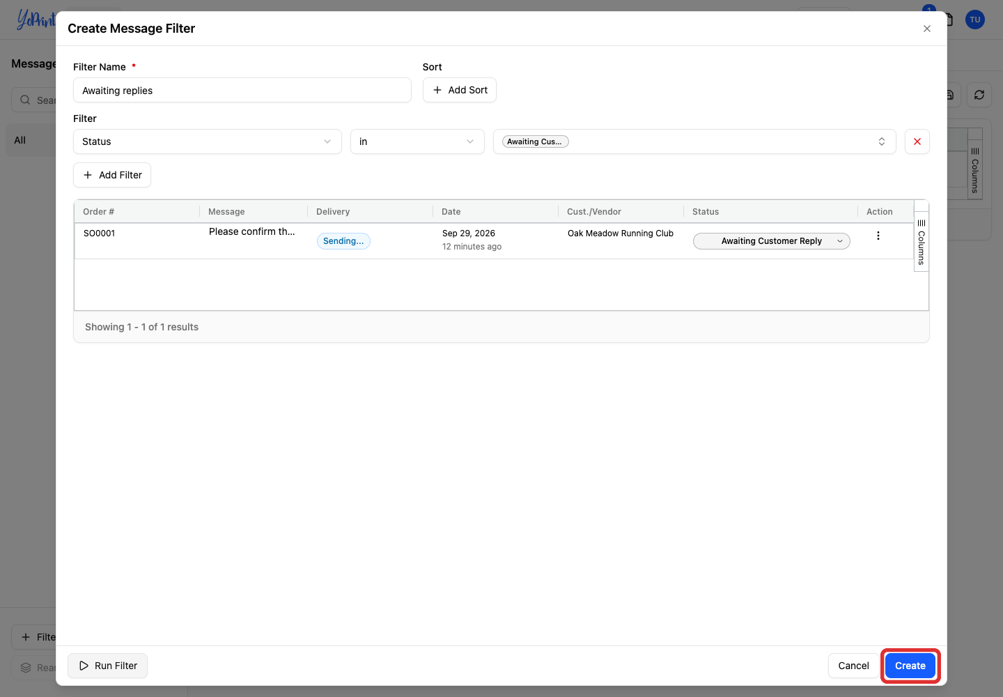 Create saved filter button