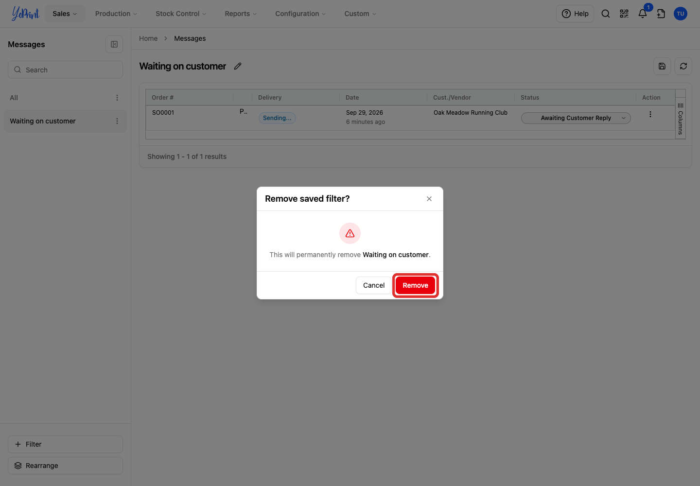 Confirm removal of Waiting on customer