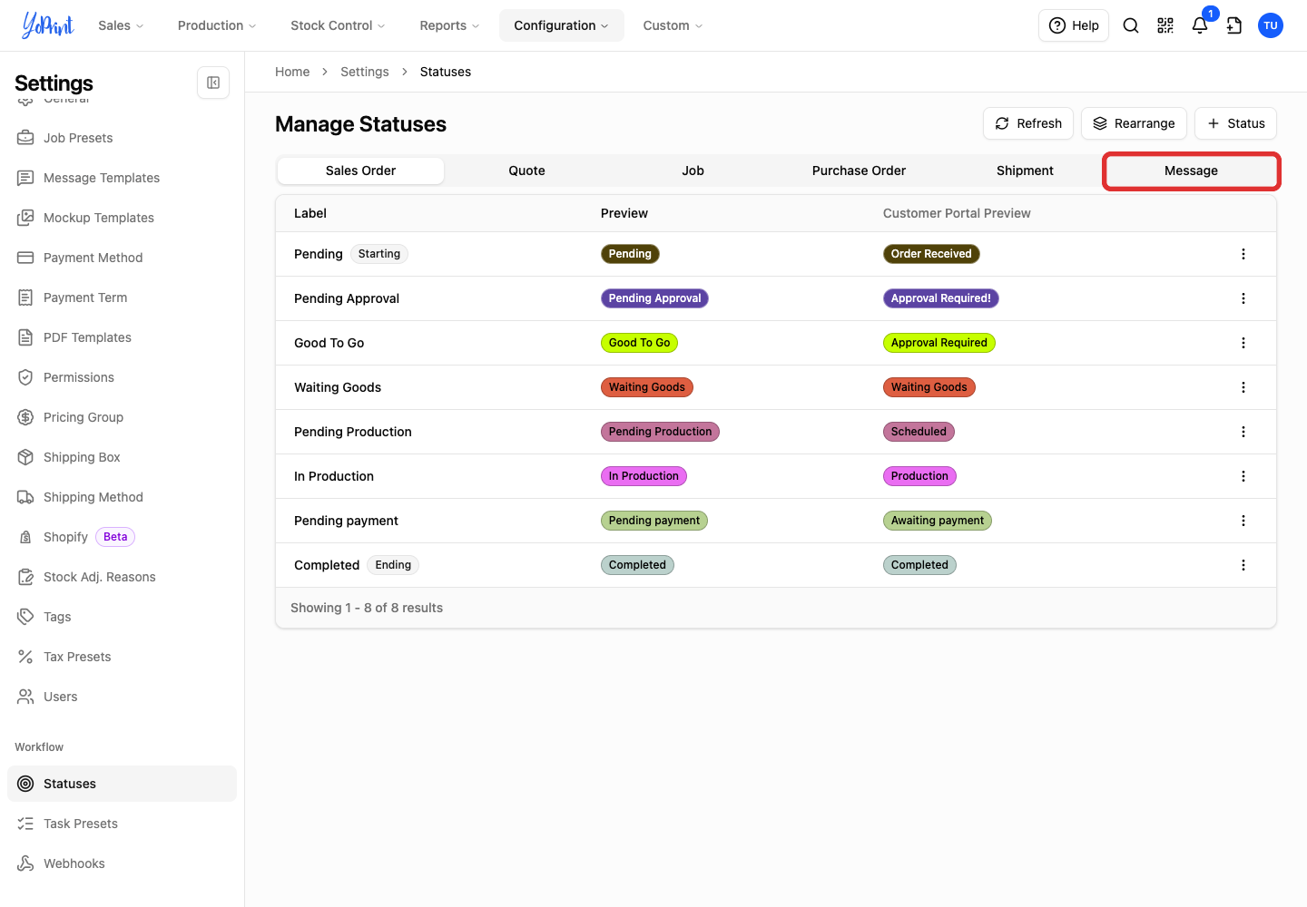 Message tab in Manage Statuses