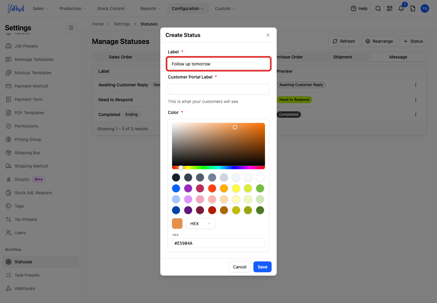 Label field for the custom status