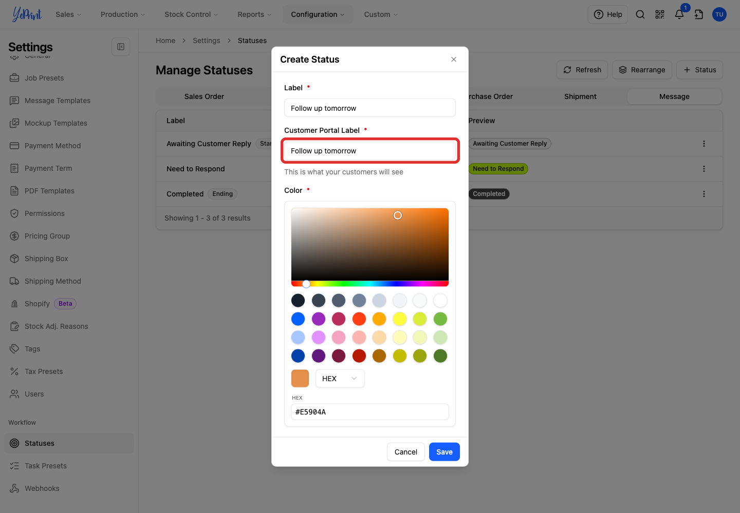 Customer Portal Label field