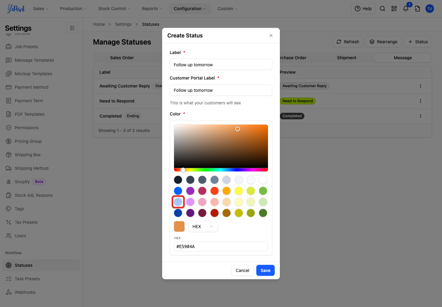 A color preset in Create Status