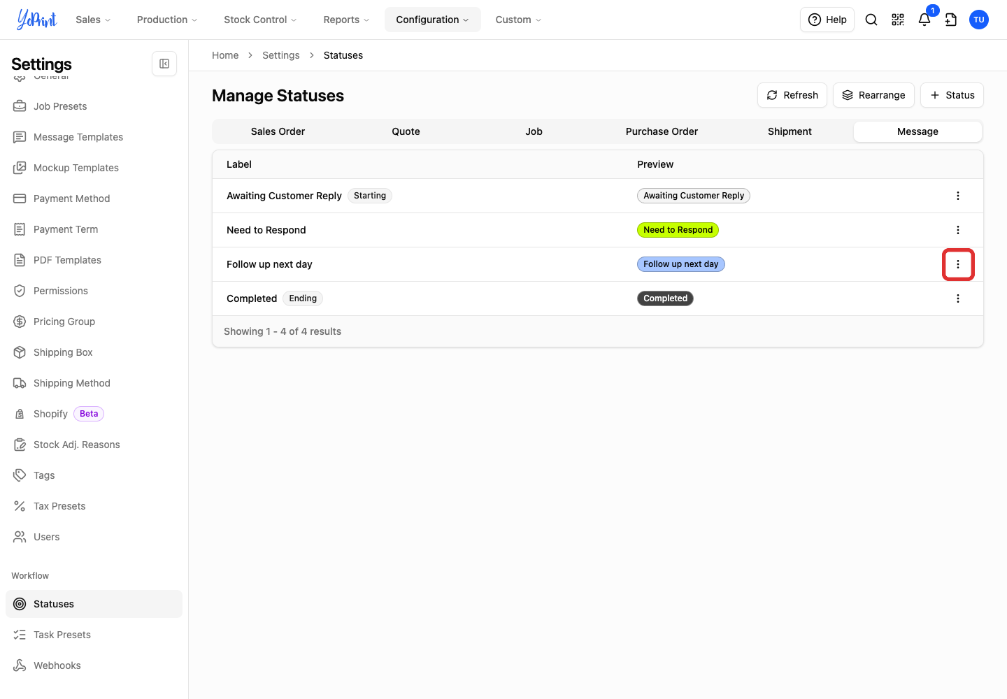 Three-dot menu beside the rearranged custom status