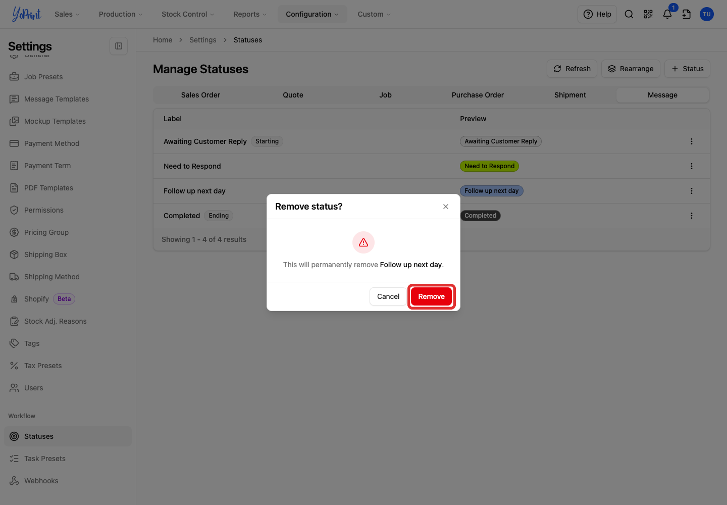 Confirm removal of Follow up next day