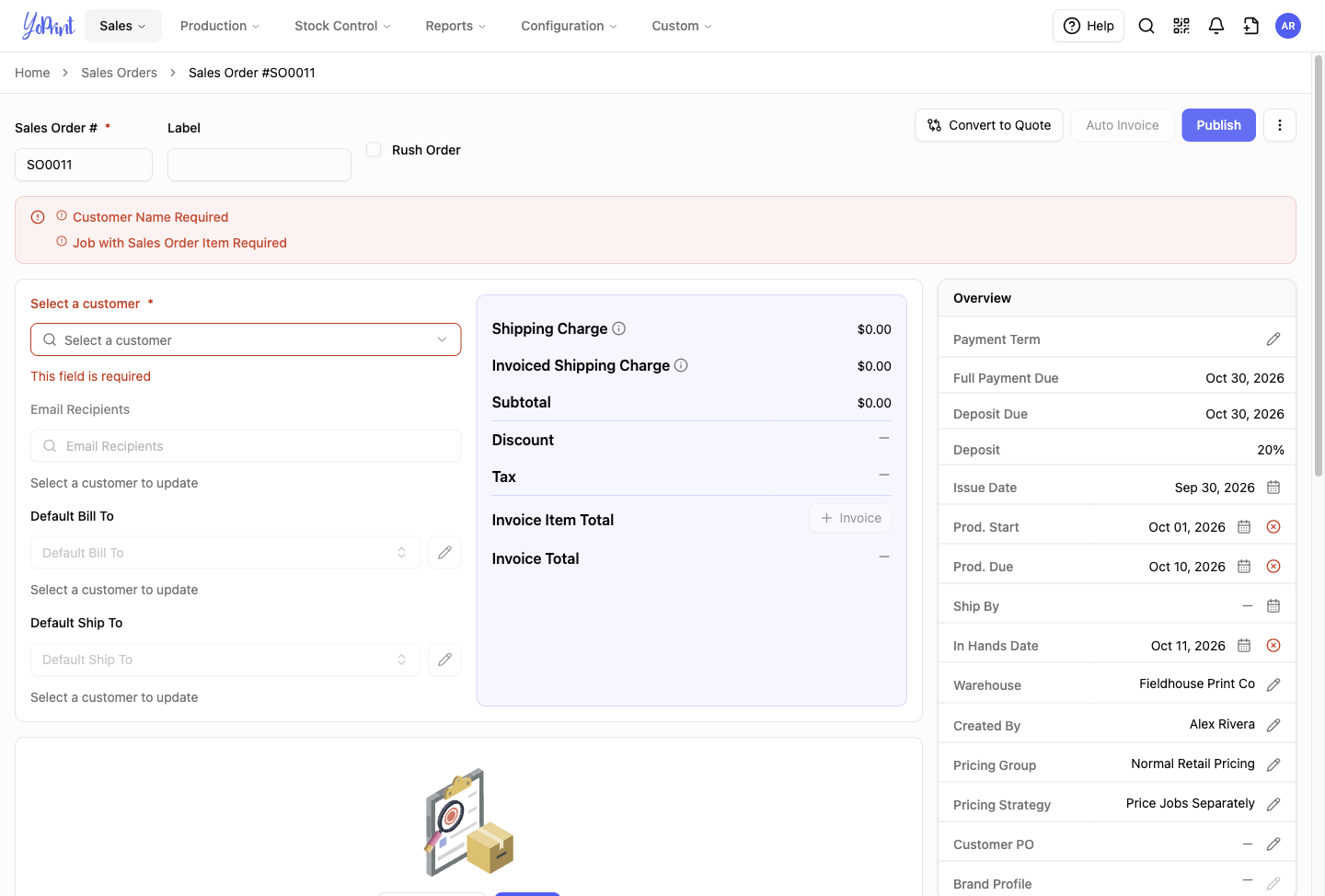 Publish names the missing customer and the missing job line