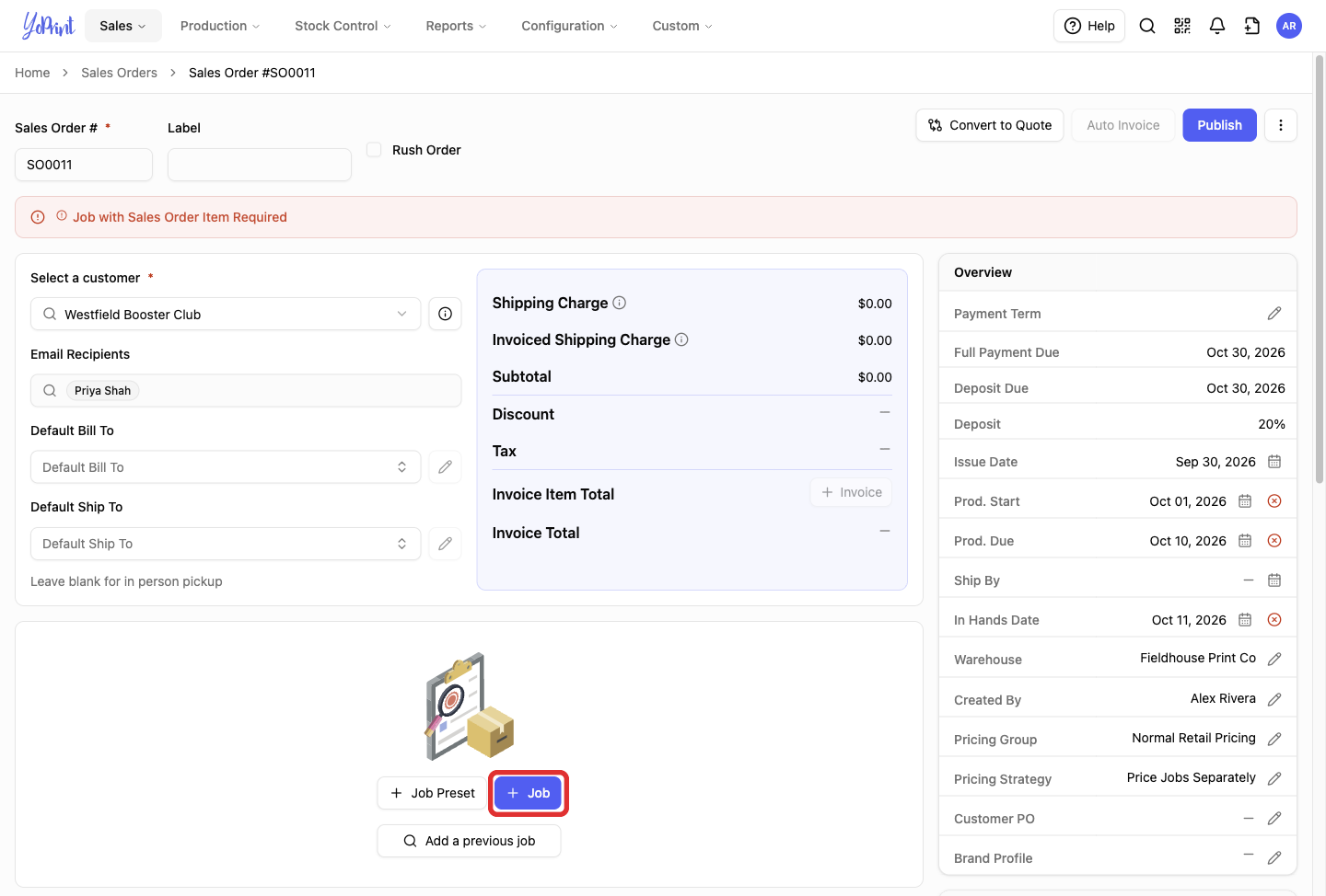 New job button on the empty order