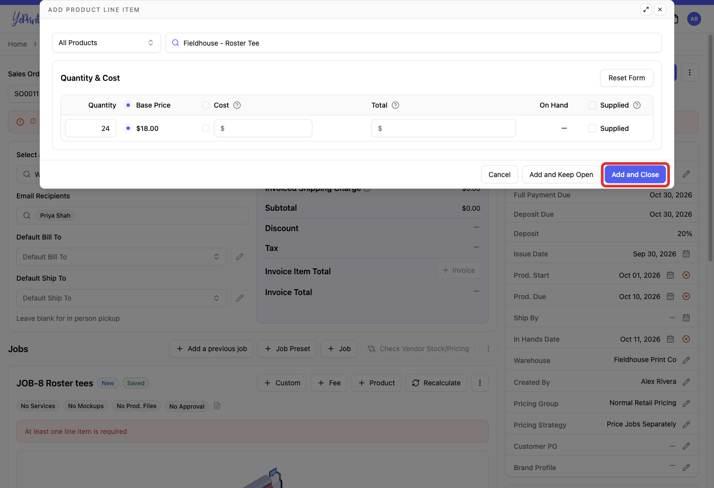 Add and close the product line