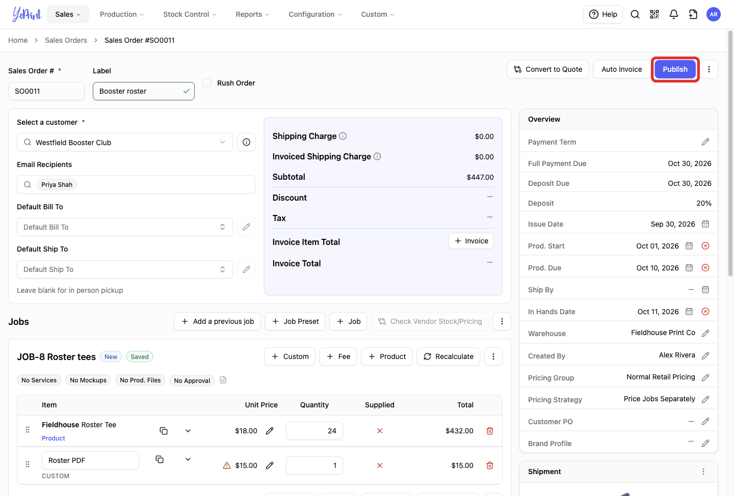 Publish on an order that has a customer and a line