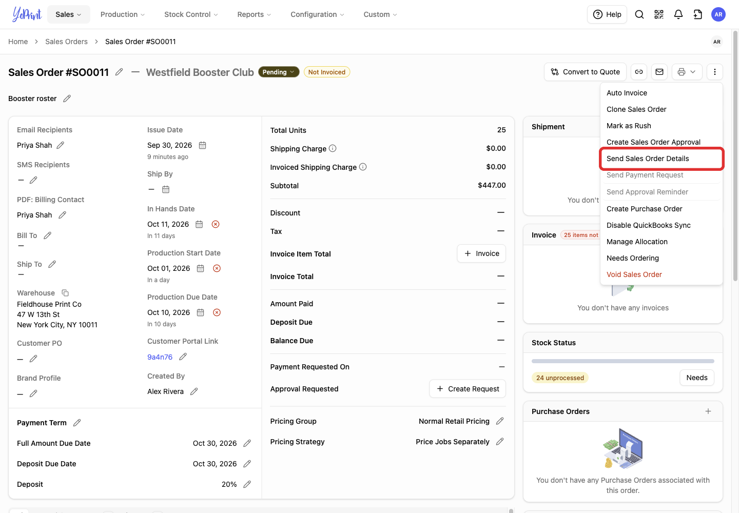 Send Sales Order Details in Quick Actions
