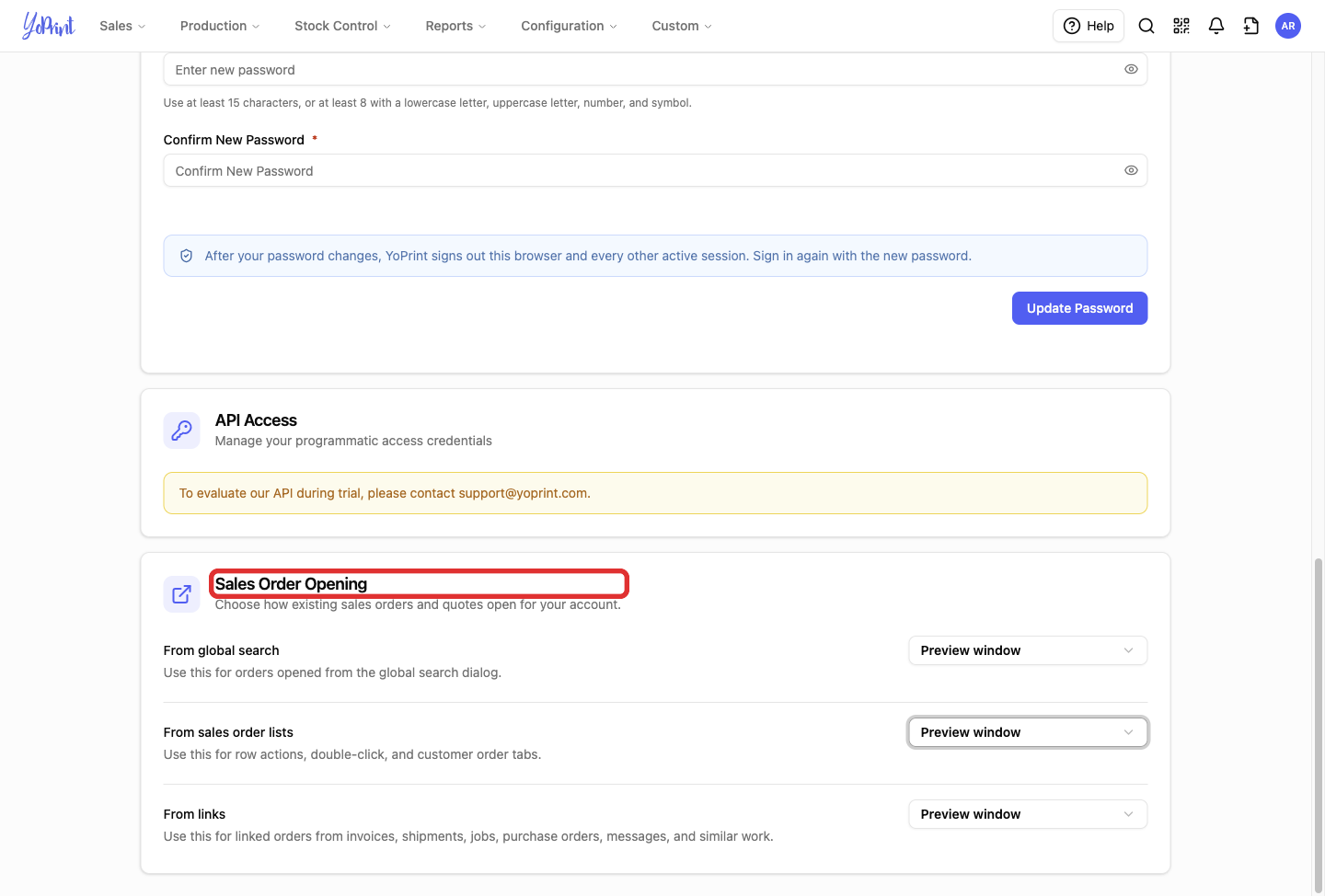 Sales Order Opening preferences