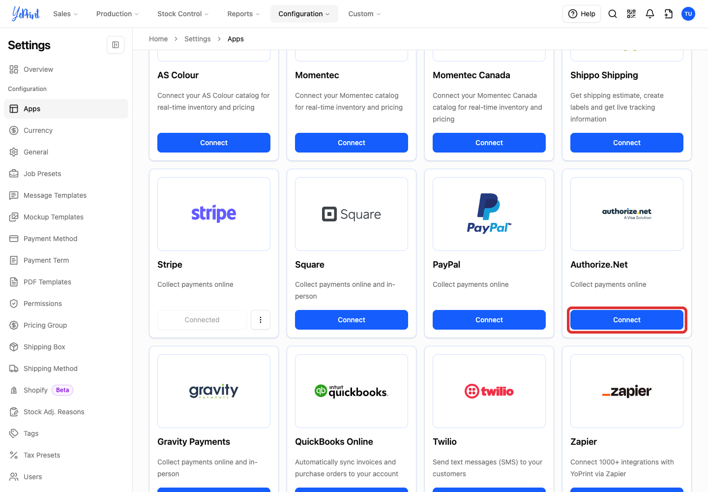 Authorize.Net card in Connected Apps