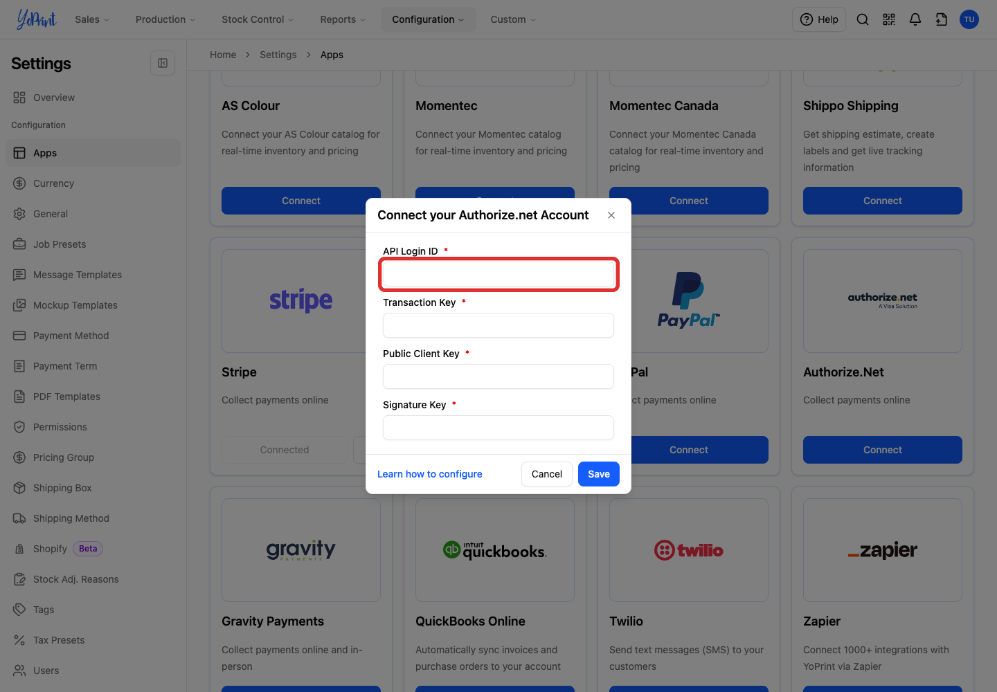 Authorize.net connection form