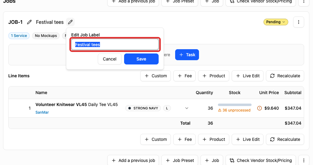 Job name text field in Edit Job Label