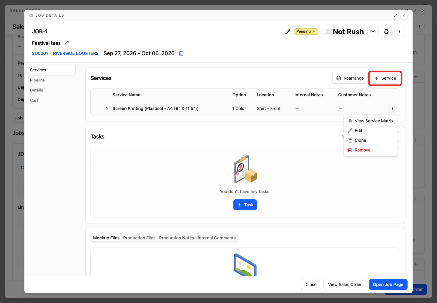Add Service button in Job Details