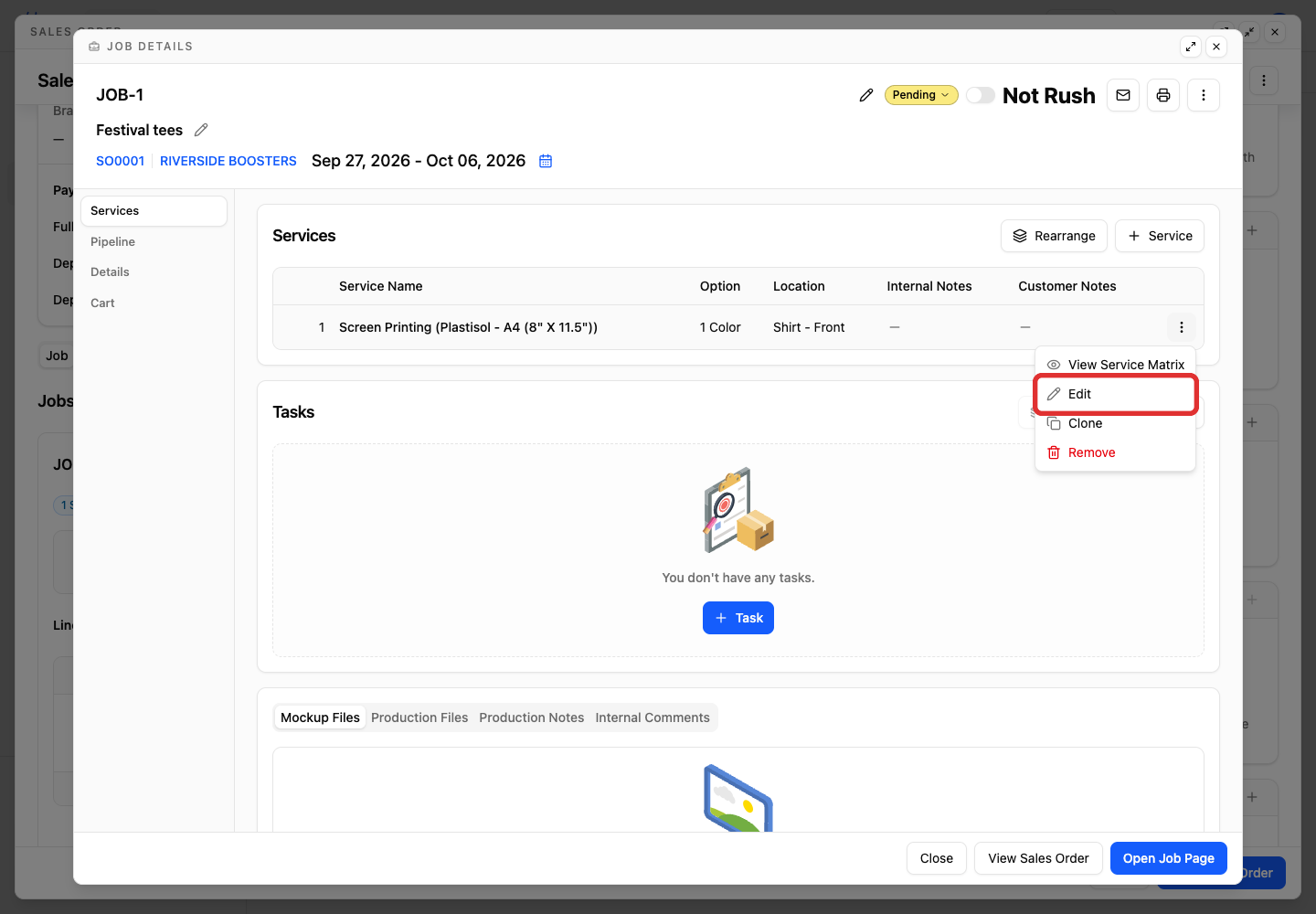 Edit in the service actions menu