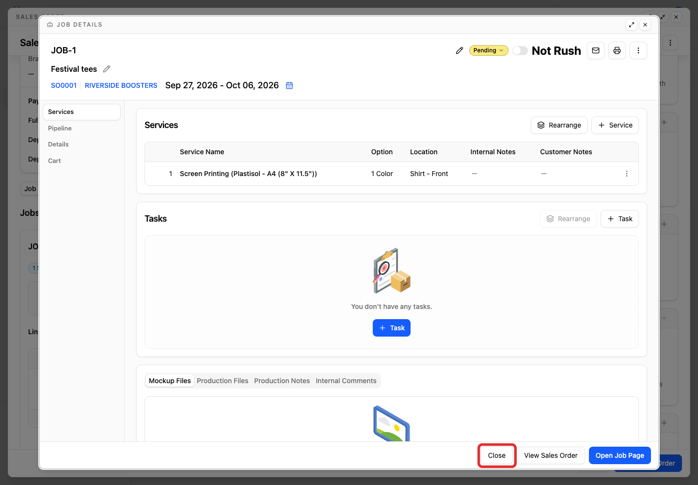Close button in the job dialog